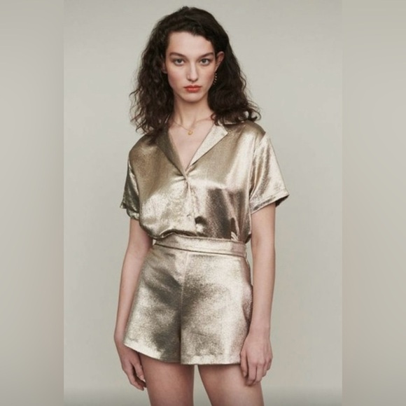 ‼️RARE‼️🎸MAJE🎸🔥NWT🔥 Metallic Silk Blend Shorts in Gold—Size 38 (6 in US) - Picture 2 of 10